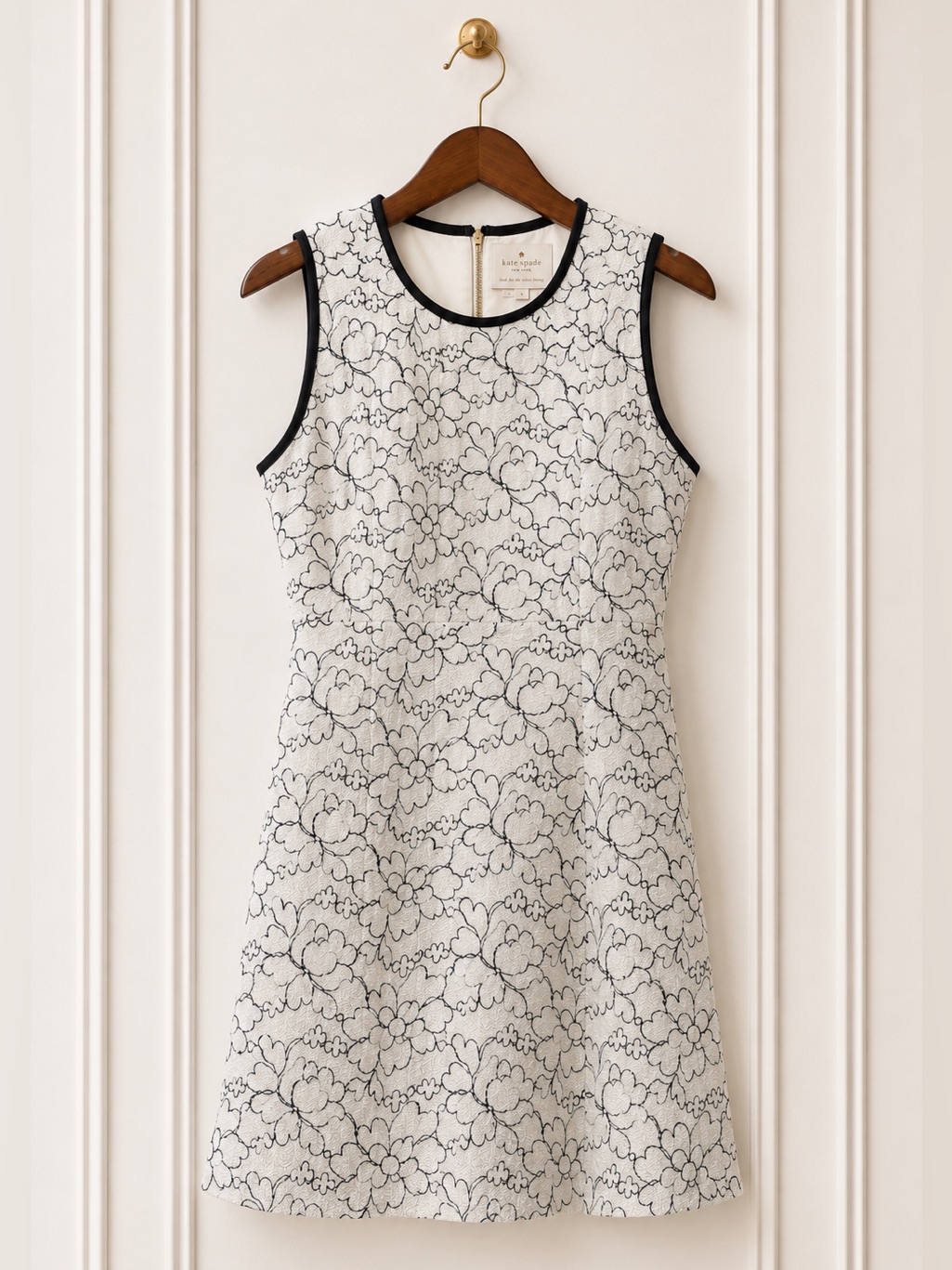Kate Spade White Floral Lace A-Line Dress With Black Trim